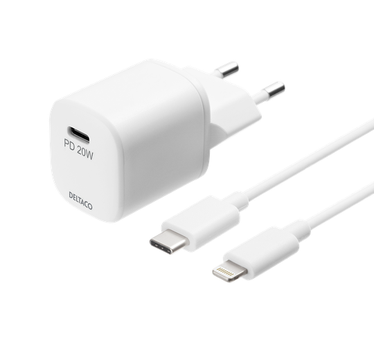 USB-C-seinälaturi, PD, Sis. USB - C-Lightning-kaapelin, 1 M, Valkoinen