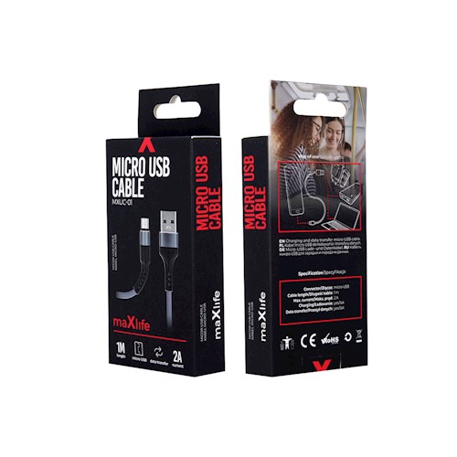 Maxlife MXUC-01 USB A - Micro-USB 1m 2A Fast Charge Latauskaapeli - Musta