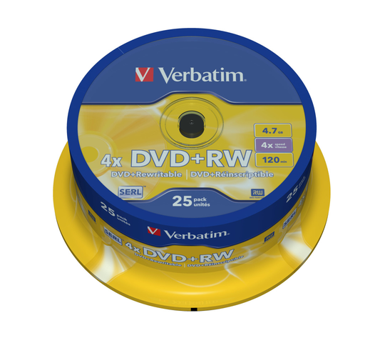 DVD+RW, 1-4x, 4.7 GB/120 Min, 25-pack Spindel, SERL