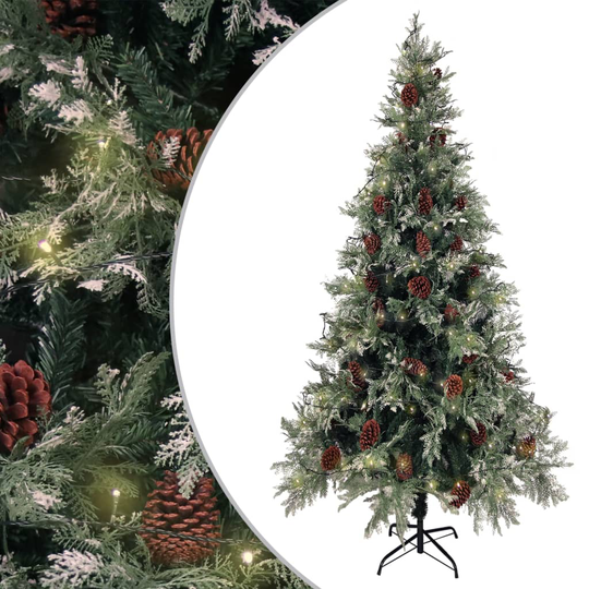 vidaXL Tekojoulukuusi LED ja kävyt vihreä/valkoinen 225 cm PVC ja PE