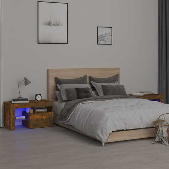 vidaXL Yöpöydät 2 kpl LED-valoilla savutammi 70x36,5x40 cm