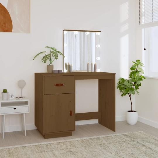 vidaXL Pukeutumispöytä LED-valoilla ruskea 95x50x133,5 cm täysi mänty